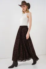 Kadın Desenli Astarlı Etek 8075 - Kahverengi