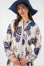 Kadın Desenli Uzun Tesettür Elbise 2585 - B.Lacivert