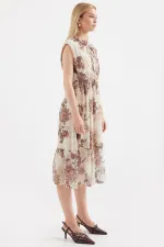 2503 Patterned Zero Sleeve Chiffon Dress - Brown