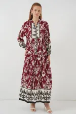 Robe longue hijab à motifs pour femme 2585 - Bordeaux