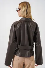 Kadin Kısa Suni Deri Ceket 1058 - Kahverengi