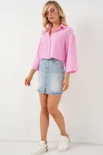 Kadın Çizgili Oversize Kısa Gömlek 20326 - Pembe
