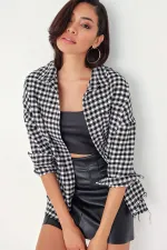 Kadın Ekose Desen Oversize Oduncu Gömlek 3854 - Siyah - Beyaz