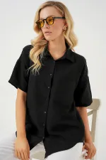 Chemise à manches courtes pour femme, aspect lin, référence 20336 - Noire