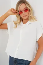 Kadın Oversize Kısa Kol Gömlek 20322 - Beyaz