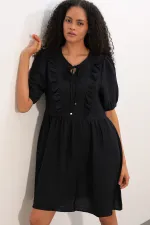 Women's Tie-Neck Short-Sleeve Ruched Dress 2600 - Black