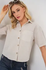 Kadın Keten Görünümlü Crop Gömlek 20339 - Krem