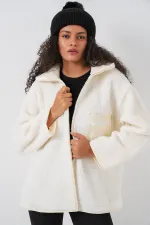 55446 Zippered Oversize Plush Coat - Beige