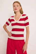 Women's V-Neck Red White Striped Blouse 15869