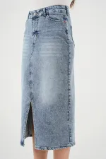 Kadın Yırtmaçlı Midi Kot Etek 8038 - Mavi