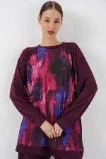 Kadın Desenli Oversize Tunik Pantolon İkili Takım 55462 - Mor