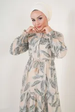 2145 Desenli Tesettür Elbise - Bej