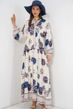 Kadın Desenli Uzun Tesettür Elbise 2585 - B.Lacivert