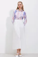 8009 Deri Görünümlü Piliseli Etek - Beyaz