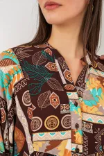 Kadın Desenli Uzun Tesettür Elbise 2585 - D.Kahve