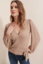 Chemisier cache-cœur en maille beige (0441)