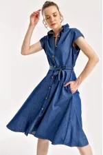 1677 Buttoned Belted Denim Dress - Navy Blue