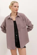 20153 Tek Cepli Oversize Keten Gömlek - Koyu Lila 20153 Tek Cepli Oversize Keten Gömlek - Koyu Lila