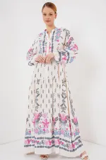 2423 Otantik Desenli Tesettür Elbise - C. Pembe