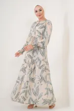 2145 Desenli Tesettür Elbise - Bej