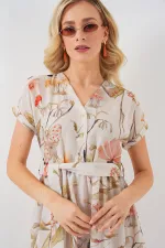 Kadın Desenli Kısa Kol Elbise 2558 - Krem