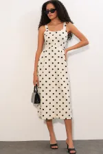 Women's Polka Dot Button-Front Strappy Midi Dress 2603 - Ecru