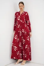 Kadın Desenli Uzun Tesettür Elbise 2585 - E. Bordo