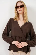 Kadın Yandan Bağlamalı Uzun Kollu Bluz 996 - Kahverengi