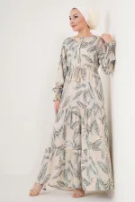 2145 Desenli Tesettür Elbise - Bej