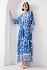 Robe hijab à motifs authentiques 2423 - B. İndigo