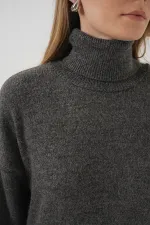 15917 Kadın Balıkçı Yaka Oversize Triko Kazak - Antrasit