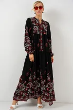 2423 Otantik Desenli Tesettür Elbise - Siyah - Bordo