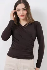 939 Anvelop Yaka Sandy Bluz - Kahverengi