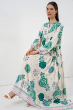 Kadın Desenli Uzun Tesettür Elbise 2585 - Yeşil 1