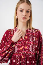 Kadın Desenli Uzun Tesettür Elbise 2585 - K. Kırmızı