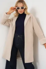 9145 Kadın Kolları Tüylü Balık Sırtı Kaşe Kaban - Krem