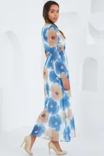 Robe en mousseline de soie à motifs floraux bleu beige pour femme 2134