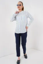 Kadın Uzun Kollu Çizgili Gömlek 20283 - Mavi