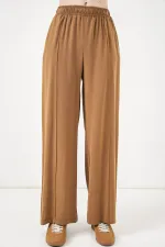Women's Wide Leg Trousers with Elastic Waistband 30087 - Tan Women's Wide Leg Trousers with Elastic Waistband 30087 - Tan