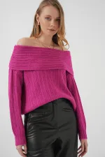 Pull oversize en maille à épaules dénudées pour femme - Rose foncé 15908