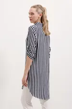 5613 Yaka Bağcıklı Çizgili Tunik - Lacivert