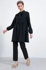 Ensemble pantalon et tunique noirs en maille pour femme 6654