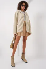 55446 Fermuarlı Oversize Peluş Ceket Mont - Krem
