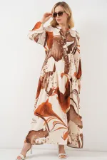 Kadın Desenli Uzun Tesettür Elbise 2585 - Kahverengi