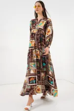 Kadın Desenli Uzun Tesettür Elbise 2585 - D.Kahve