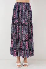 Women's Patterned Long Skirt 8053 - Navy Blue