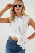 Chemise à manches zéro et nœud sur le devant pour femme 20340 - Blanche