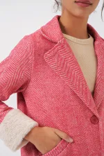 9145 Women's Herringbone Cashmere Coat with Feathered Sleeves - Red