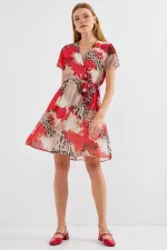 Robe courte en mousseline à motifs, manches courtes, rouge (réf. 2502)