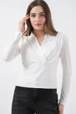 Kadın Omuz Vatkalı Kruvaze Yaka Bluz 942 - Beyaz
